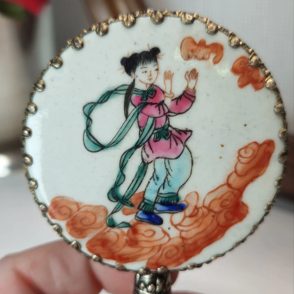 Vintage Chinese Hand Painted with Jade Stone Handle Silver Vanity Mirror
